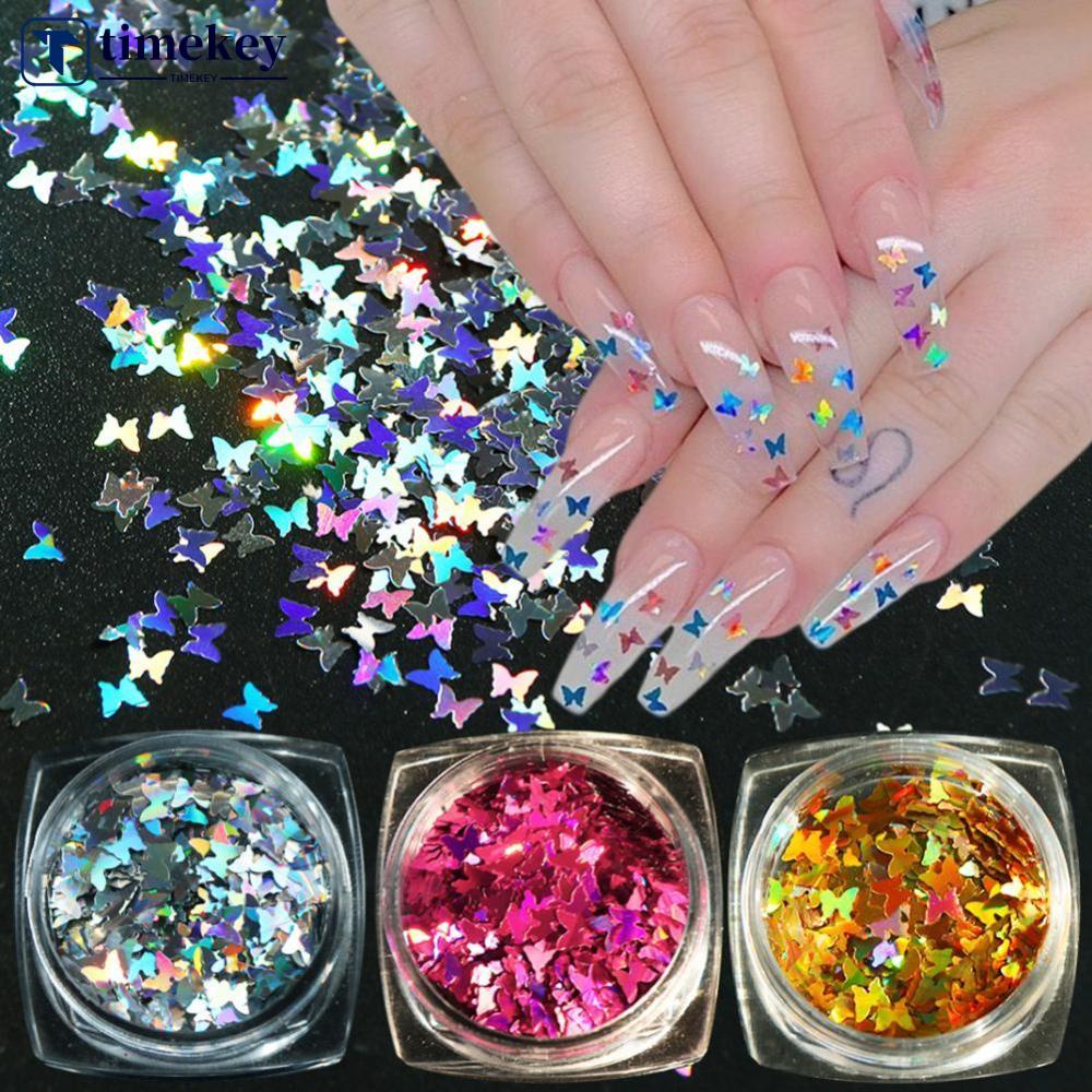 Timekey Serbuk Glitter Sequin Bentuk Kupukupu 3D Holografik Untuk Dekorasi Nail Artmanicure A8K8