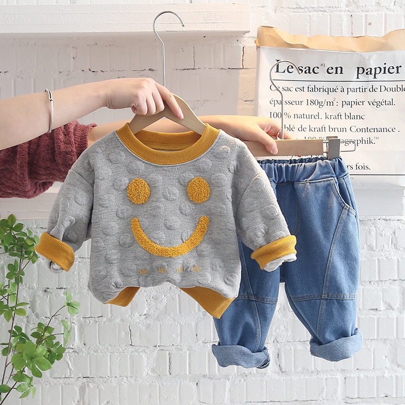 COD setelan anak laki laki import setelan sweater lengan panjang motif Smile setelan baju anak cowok impor sweater anak laki laki import fashion korea-1