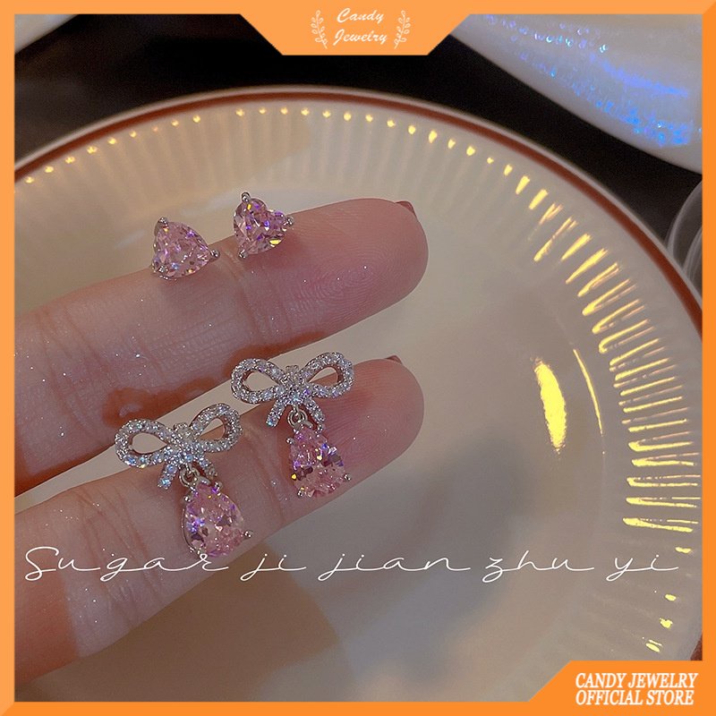 Anting Tusuk Desain Pita Hias Berlian Pink Gaya Simple Untuk Wanita