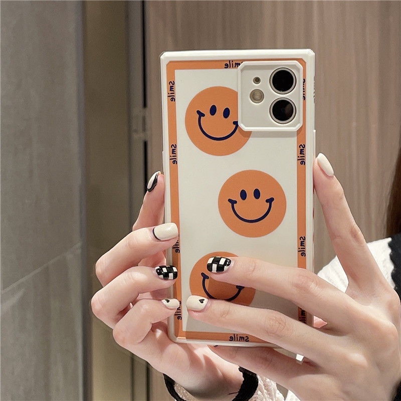 Casing Ponsel untuk iPhone 7 8 Plus SE 2020 11 12 Pro Max Silikon Square Orange Smiley Kartun Casing Ponsel untuk iPhone XR Xsmax Casing Tahan Guncangan grrt