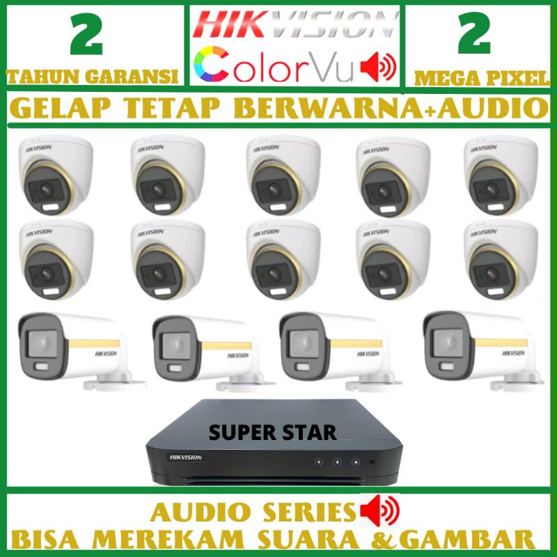 PAKET CCTV HIKVISION COLOR VU 16 CHANNEL 14 KAMERA 2MP AUDIO SIANG MALAM BERWARNA