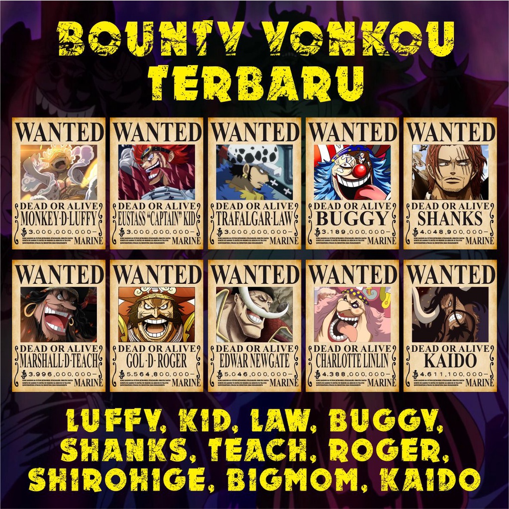 Poster Bounty Yonkou Terbaru (After Wanokuni) Anime Manga One Piece Yonko/Kaisar Laut/Raja Bajak Lau