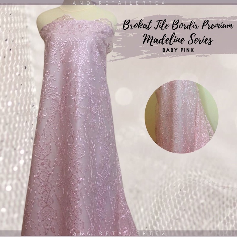 Kain Bahan Kebaya Elie Saab Brokat Tile Bordir Madeline motif Etnik Warna Baby Pink