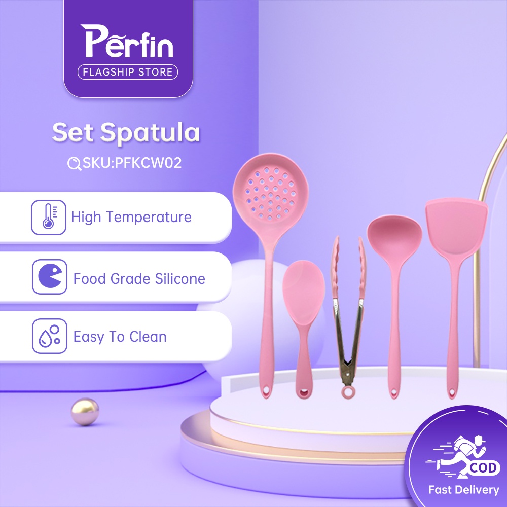 Perfin PFKCW01/PFKCW02 Spatula Silikon Tahan Panas 5pcs Spatula Set Alat Masak Set Sutil