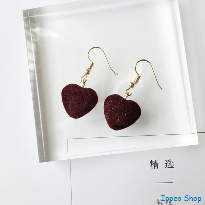 Ippeo - EA0031 - Anting Perhiasan Earring Korean Sweet Love Hati Red Wine