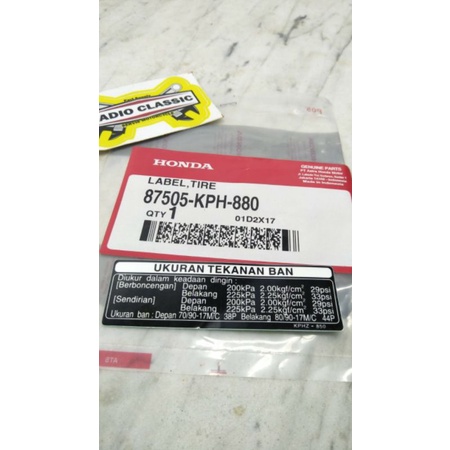 STIKER TEKANAN ANGIN BAN HONDA KARISMA ORI AHM 87505KPH880