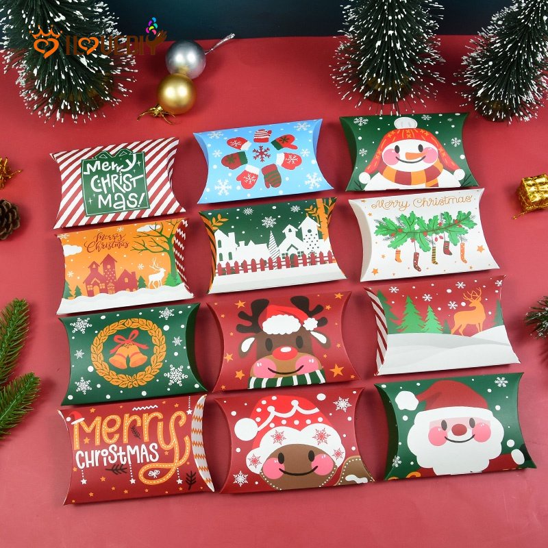 10pcs Kotak Penyimpanan Permen Motif Kartun Santa Snowman Bahan Kertas Kraft Untuk Dekorasi Natal