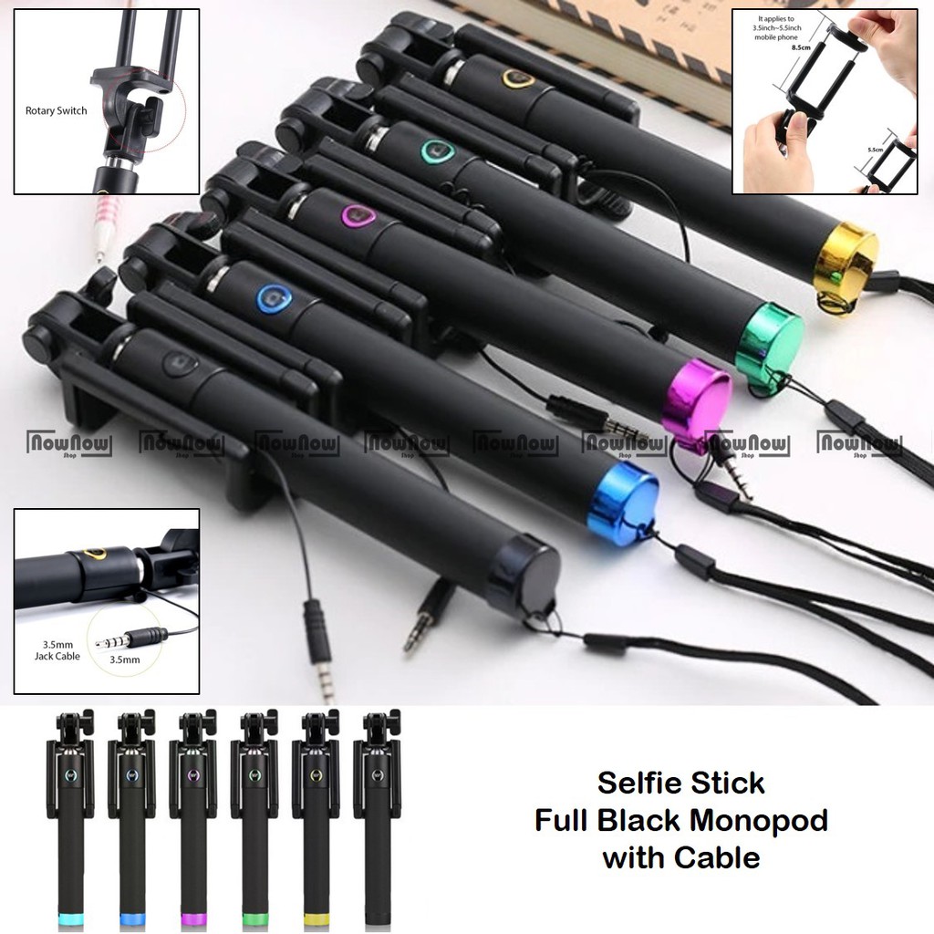 Tongsis Selfie Stick Monopod Tombol Kabel Full Black