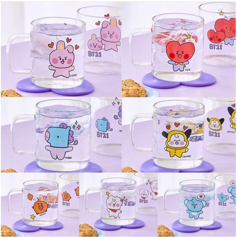 OFFICIAL BT21 BABY DRINKWARE GLASS MUG AND COASTER PURPLE SET