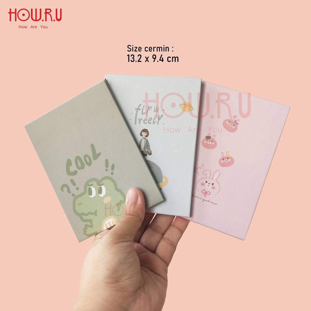 HOW.R.U | 13 x 9 cm - Cermin Lipat / Cermin Saku Korea Warna Pastel Motif Karakter Lucu