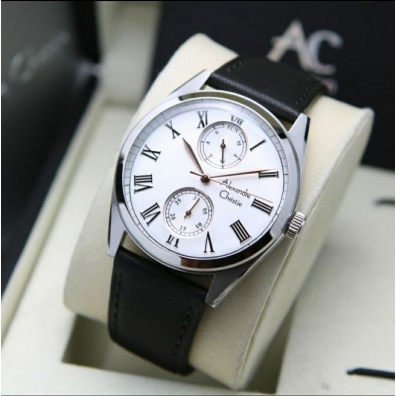 ORIGINAL GARANSI RESMI JAM TANGAN PRIA ALEXANDRE CHRISTIE ANALOG SILVER BLACK KULIT STRAP ARLOJI WAT