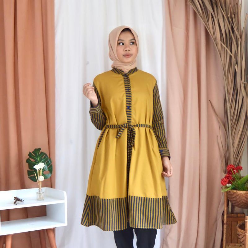 Tunik Katun Tenun Lurik Mustard
