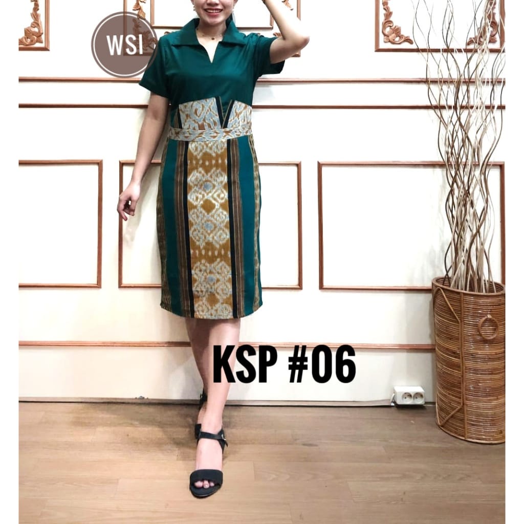 TERBARU Dress Tenun asli jepara Kombinasi Bahan Polos Model Span Leher Kerah Lengan Pendek/Dress Ten