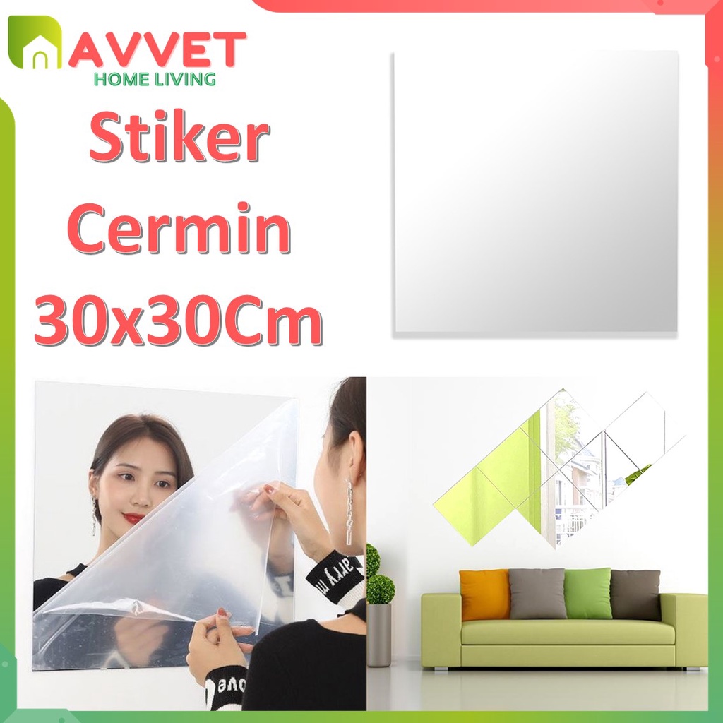 AVVET Stiker Cermin Dinding Anti Pecah Tempel Persegi Rectangular 30x30cm Kotak Mirror Wall Decoration Sticker Square Acrylic Cermin Kaca Tempel Persegi Dekorasi Toilet Kamar Mandi Murah Import