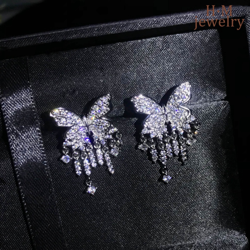 Anting Tusuk Gantung Sterling Silver 925 Desain Kupu-Kupu Hias Berlian Untuk Wanita Butterfly