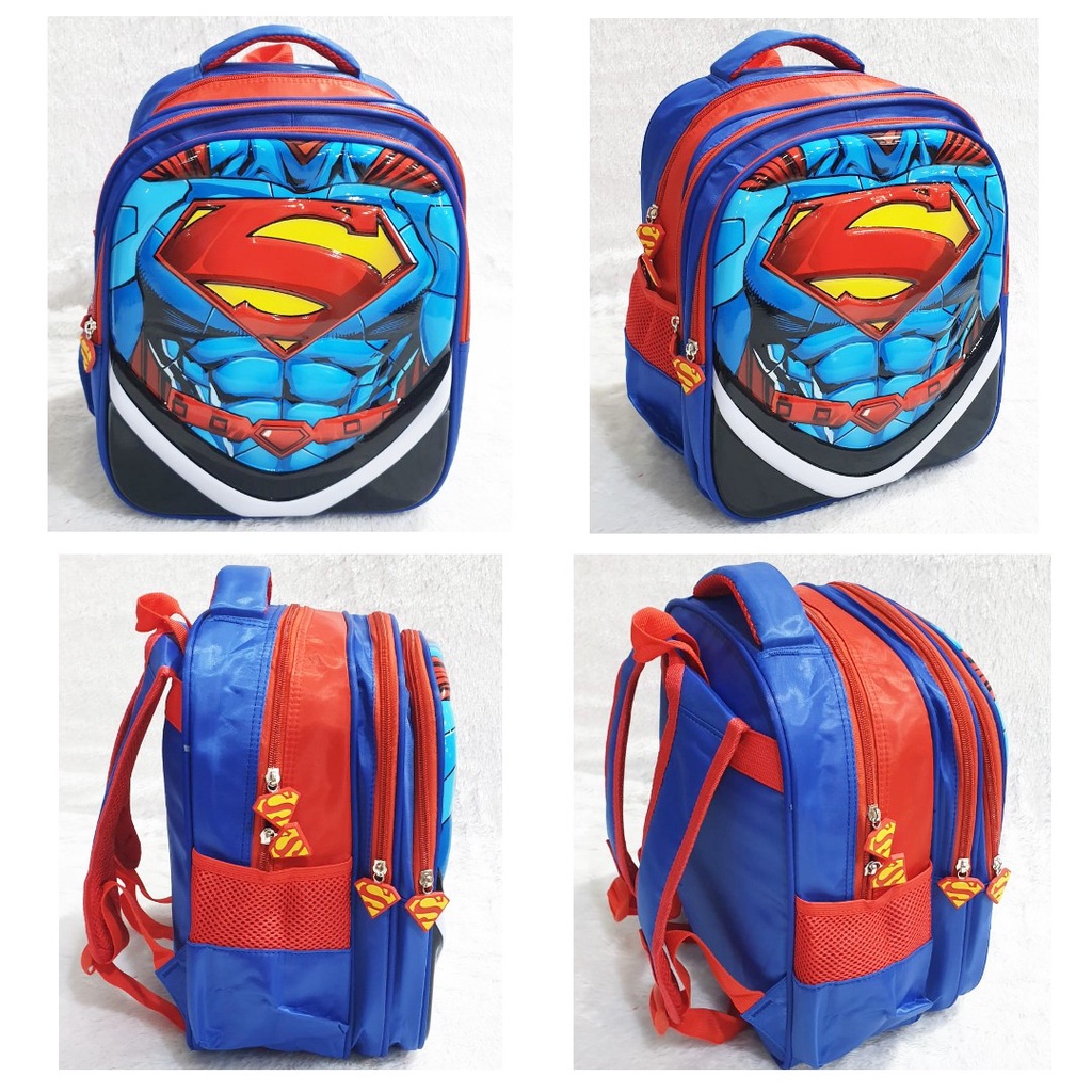 Tas Ransel Anak TK Cowok Karakter SUPERMAN - Gambar TIMBUL GLOSSY 3 Kantung IMPORT