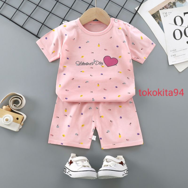 Setelan Baju Anak  Import Motif Lucu Kartun Baju + Celana - Baju Bayi 1Set Atas Bawah Korea Motif Kartun - Baju Anak Homewear 1Set Cewek Cowok Korea Import Lengan Pendek- Stelan Baju Anak Import