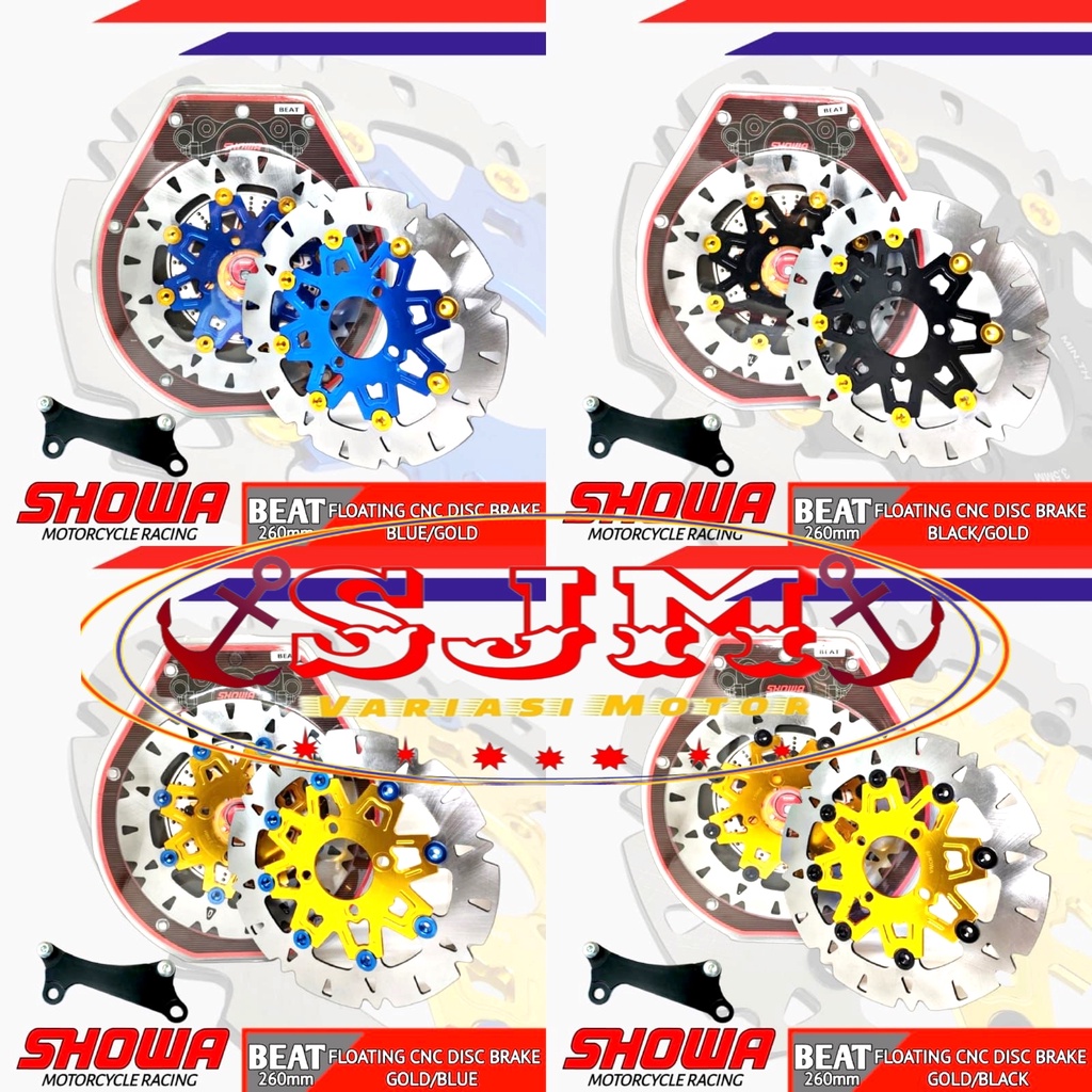 PIRINGAN CAKRAM 260MM MIO SOUL-XEON-MIO SMILE-NOUVO-MX NEW-MX OLD-BEAT-GENIO-SCOOPY-VARIO-SPACY-VEGAZR-VEGA R NEW-JUPITER Z1 CAKRAM DEPAN SHOWA FLOATING 260MM PLUS BREKET VARIO 110 VARIO 125 VARIO 150 OLD MIO SPORTY NOUVO MIO SMILE XEON MX NEW MX OLD DLL