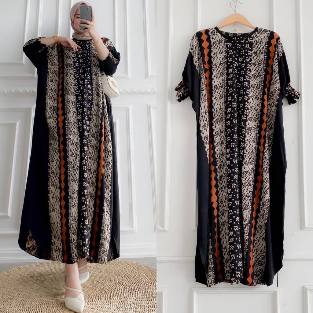 Batik A W - Mbayu Kaftan Batik Cap Encim Sogan Malaman Size Jumbo Busui Lengan 7/8 Kaftan Wanita / Kaftan Kondangan