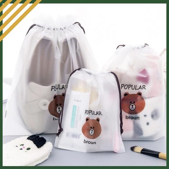 Tas Travel Pouch Plastik Serut Brown / Tas Kecil Serbaguna Waterproof