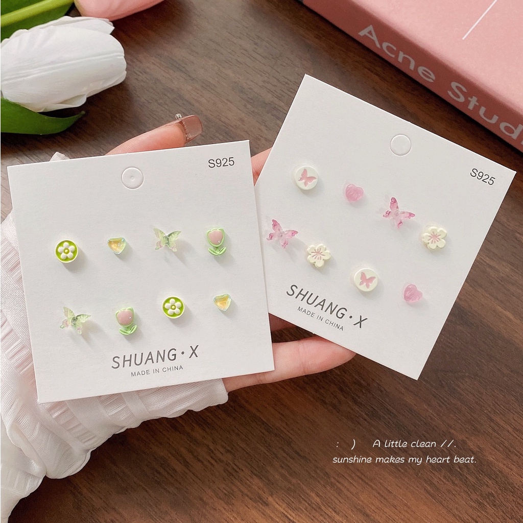 Set Anting Stud Desain Cherry Butterfly Heart Bahan S925 Silver Untuk Wanita