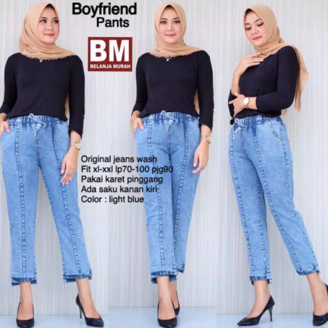 Celana BoyFriend Jeans Wanita Pinggang Karet