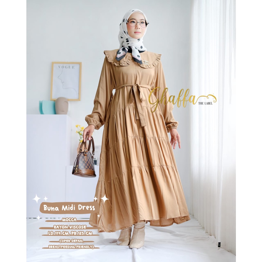 MIDI DRESS/GAMIS DENGAN ZIPPER DEPAN & TALI LEPAS PASANG ~ BAHAN RAYON VISCOSE ~ BUNA MIDI DRESS ORI