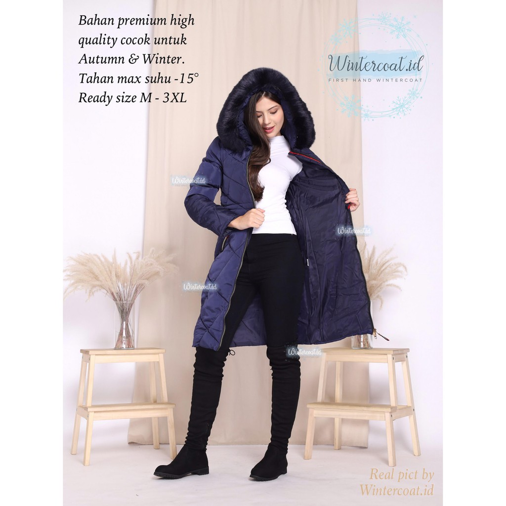 Long winter coat warna biru wanita women mantel jaket jacket cewek musim dingin jumbo Lorraine