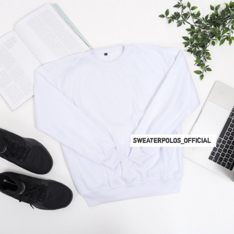 { PREMIUM QUALITY } Basic Sweater Polos Crewneck Pria Wanita / Sweater Crewneck Pria /  Outwear / Sweatshirt / COD / Fleece-CN PUTIH