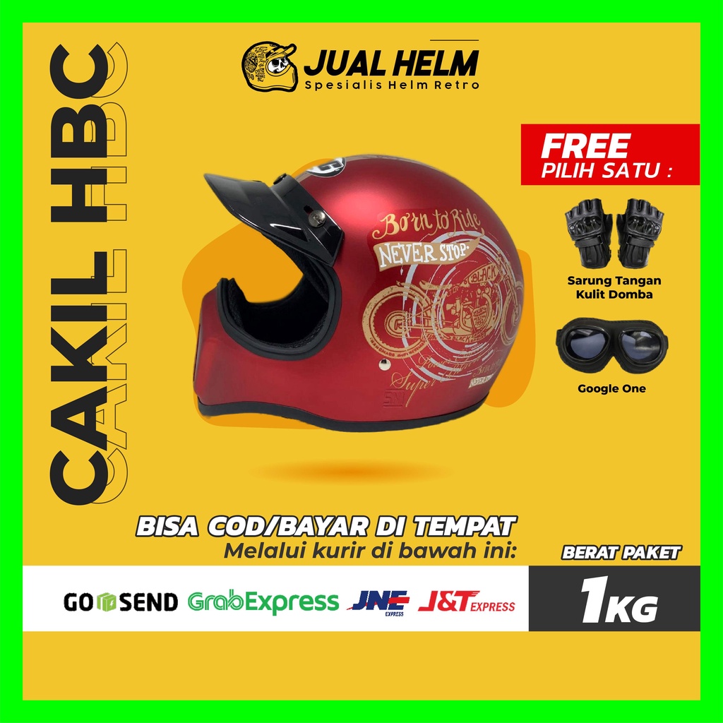 HELM CAKIL HBC BORN TO RIDE MERAH-MAROON ( Fullface / Retro / Klasik / Vespa )