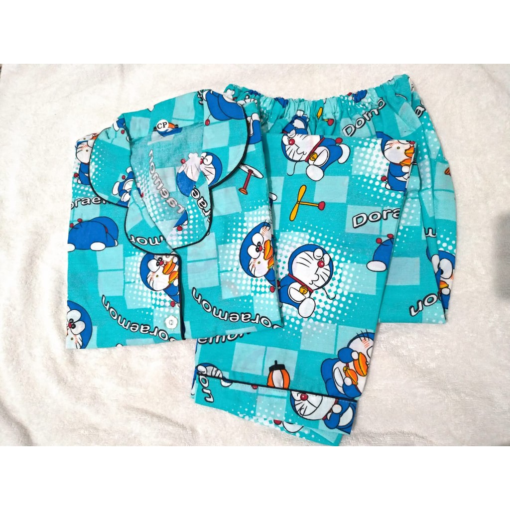 Baju tidur piyama wanita setelan celana panjang lengan pendek doraemon