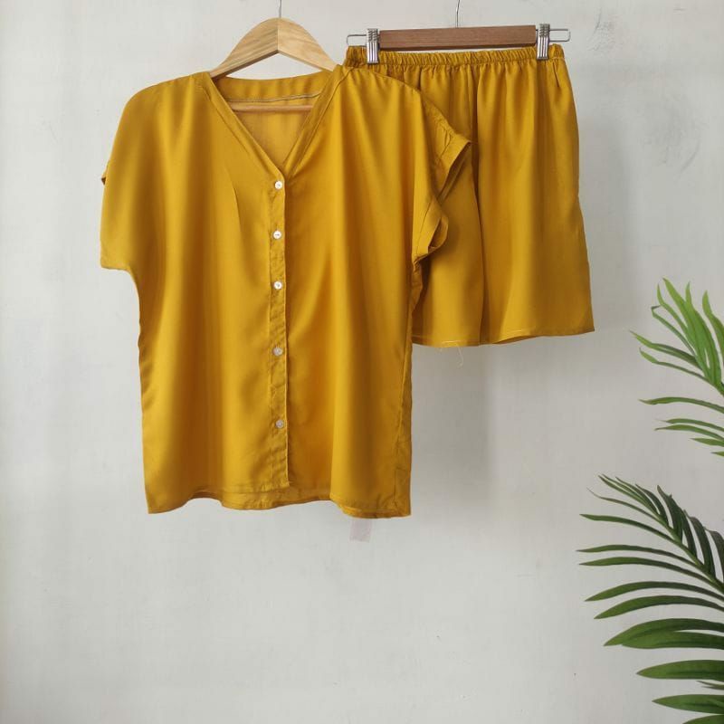 PIYAMA KANCING PENDEK HITS PIYAMA KANCIBG BUSUI | PIYAMA RAYON | HOMEWEAR-PDNK KUNING