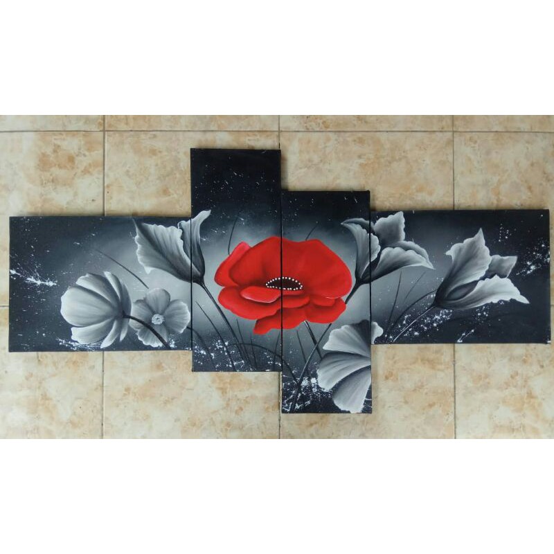 Hiasan dinding lukisan panel bunga mawar merah