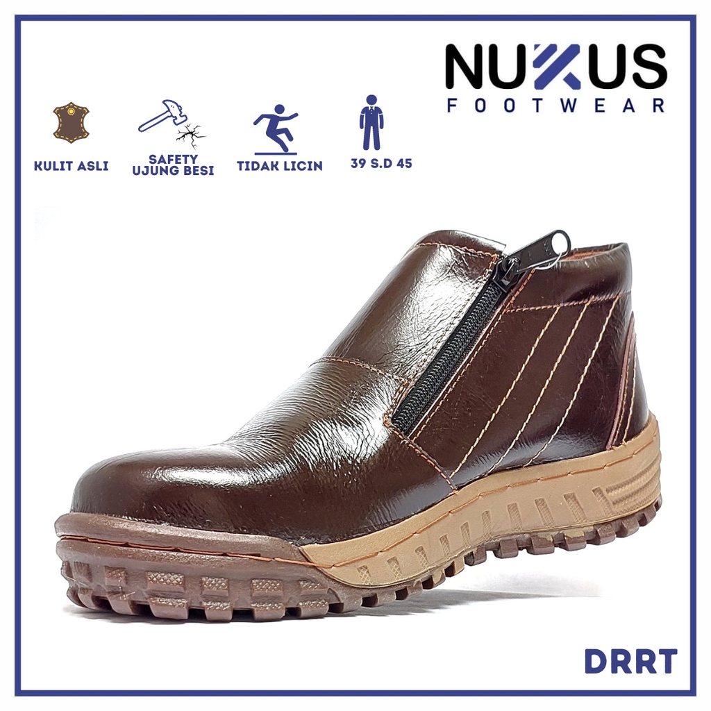 Nukus Safety Shoes Sepatu Safety Pria Resleting Kulit Asli Coklat Tua - DR RT