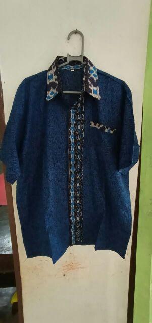 Batik Aksen Atasan Kerja Casual Batik Modern Wanita Peplum Kombinasi Embos Tanpa Lengan Panjang Solo