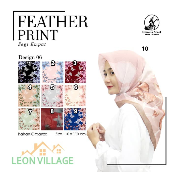 Kerudung FEATHER PRINT A6 UMAMA Hijab Jilbab Organza Segi Empat Motif