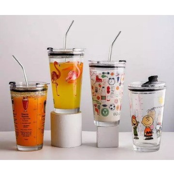 Gelas Beling Karakter 350ml / Tumbler Botol Kaca Bonus Sedotan Kaca / Glass Ware Cup 350ml H482