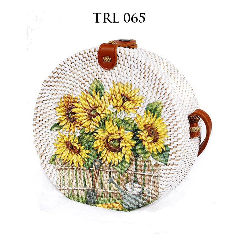 Sweet Honey ~ Grosir Tas Rotan Bulat Murah 20cm Lukis Decoupage Bunga Matahari TRL065 [Bisa COD]