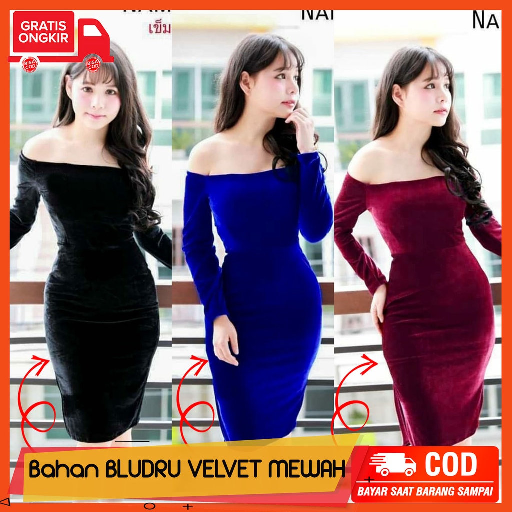 1700 Dress Pesta Imlek Wanita Cantik Bahan Bludru Velvet Sabrina Lengan Panjang - Gaun Mini Pendek k