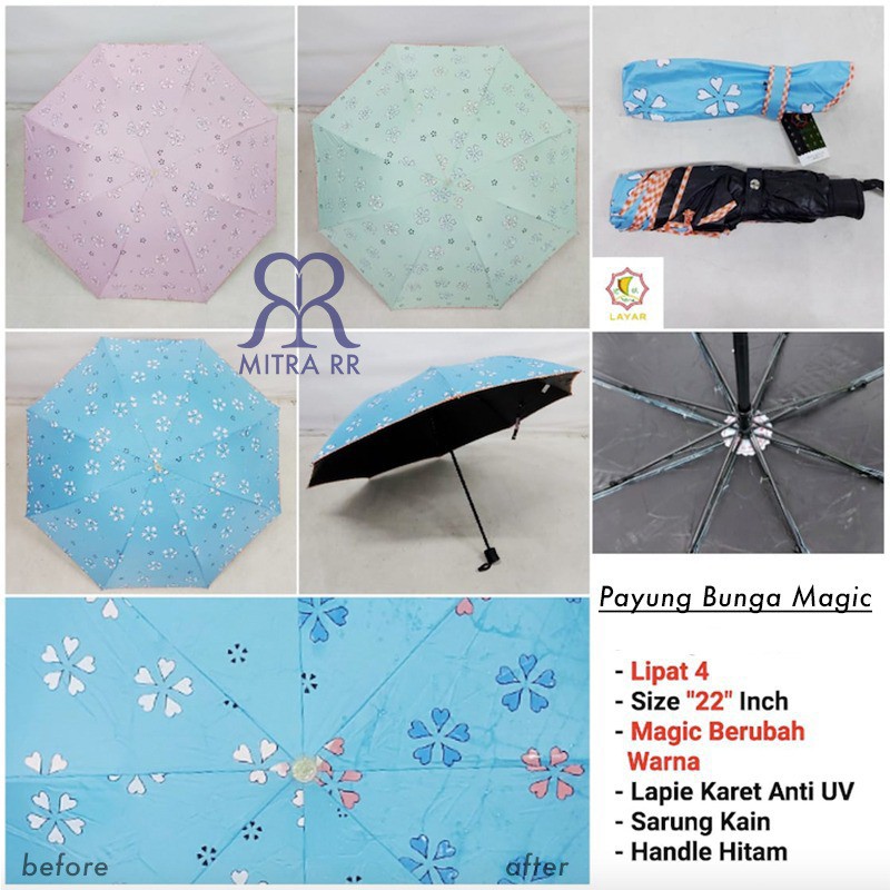 Payung Lipat 4 Magic Umbrella Motif Bunga | Free Bubble Wrap | Muncul Motif Jika Basah