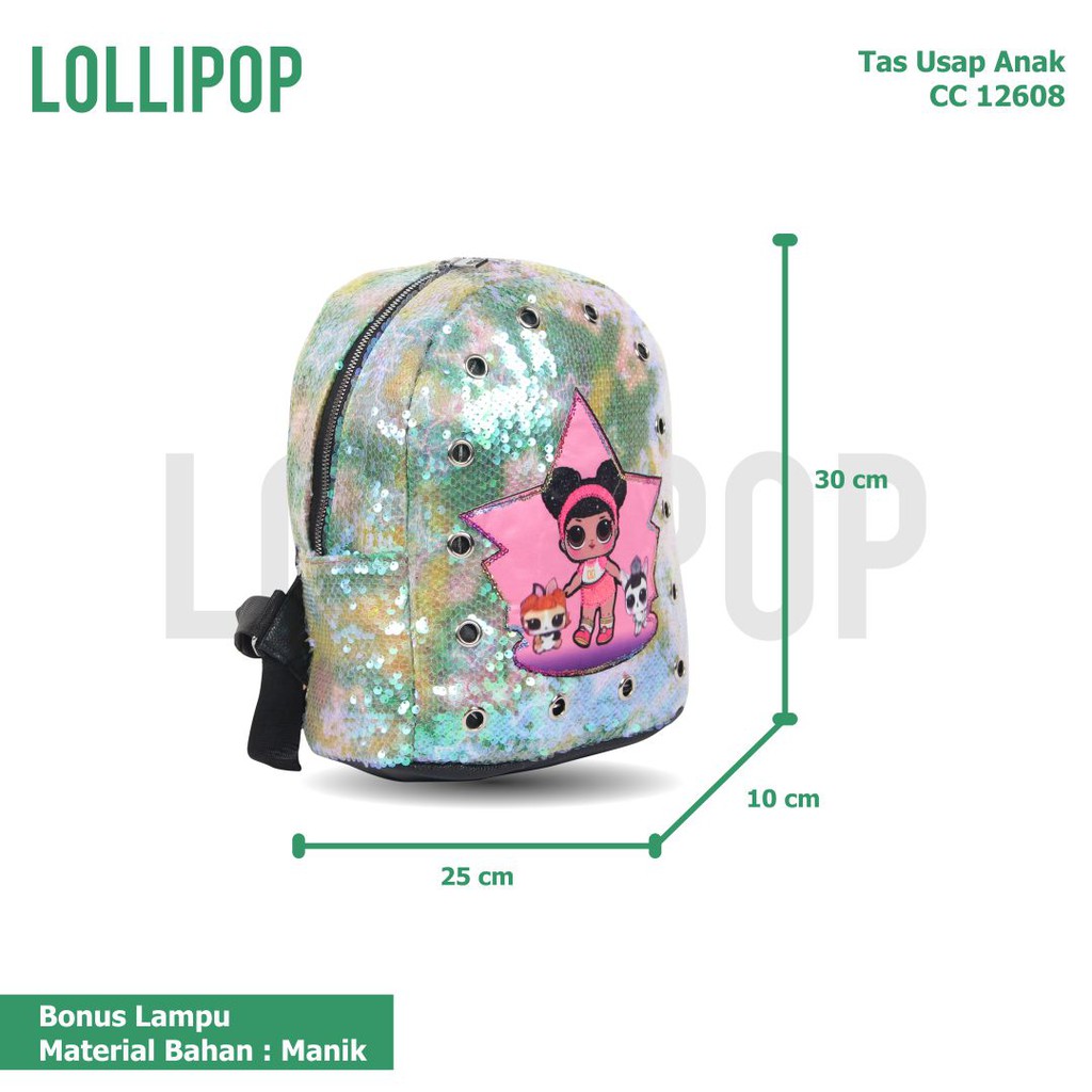 [KLIKTAS] Tas anak perempuan Lollipop Sequin LOL ransel TK PAUD sekolah manik bonus lampu CC 12607