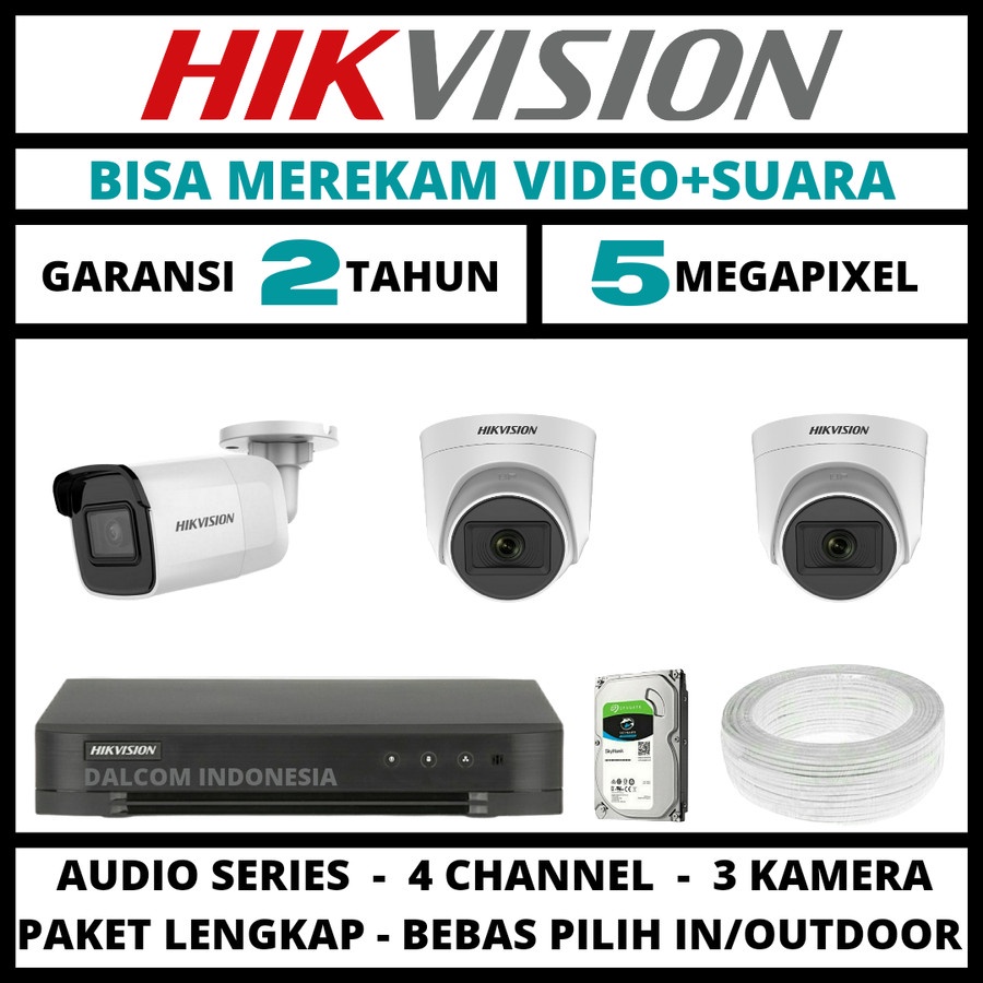 PAKET CCTV HIKVISION 5MP AUDIO 3 KAMERA HDD 1TB SIAP PASANG