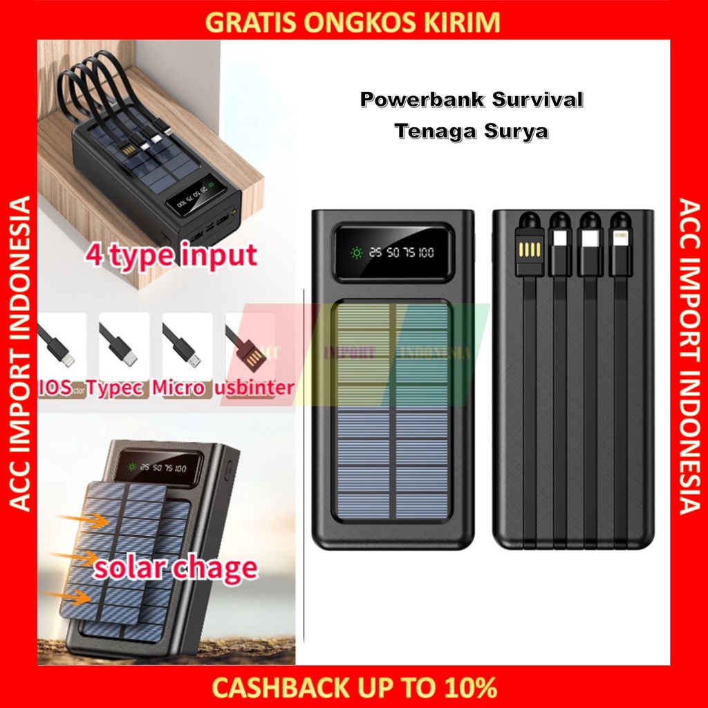 Portable Powerbank Solar Tenaga Surya 4in1 30000Mah Type C Micro Usb