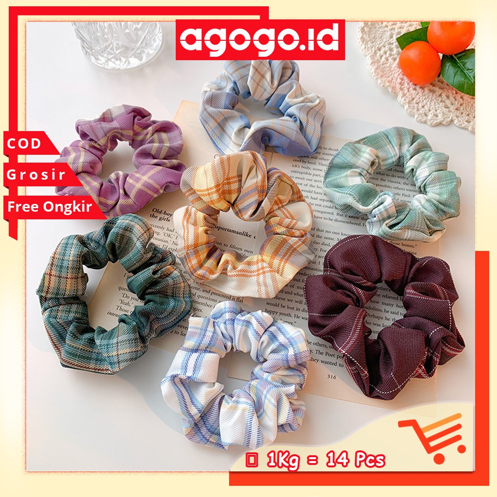 AGG-259 Ikat Rambut Scrunchie Ikat Rambut Motif Kotak , Satin dan Vintage Ikat Rambut Cepol Murah