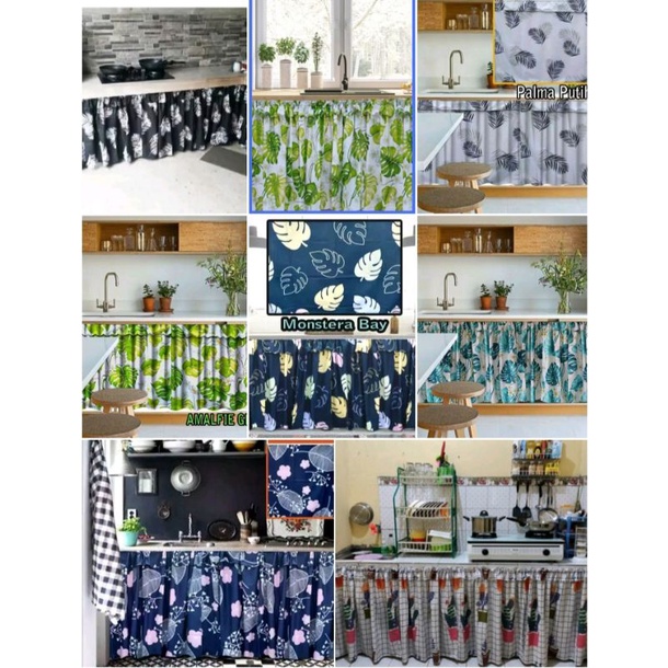 gorden kolong dapur motif monstera / gorden kolong dapur poni minimalis modern