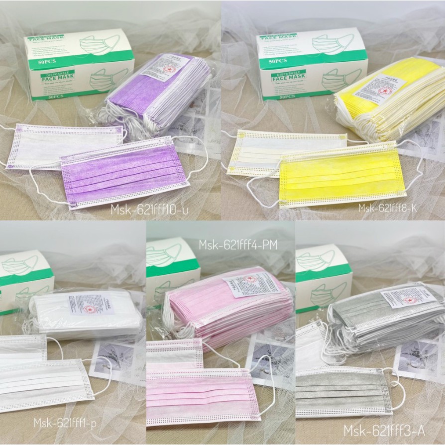 MASKER 3PLY POLOS WARNA 50PCS 1 BOX SEKALI PAKAI/ MASKER 3PLY MURAH PREMIUM