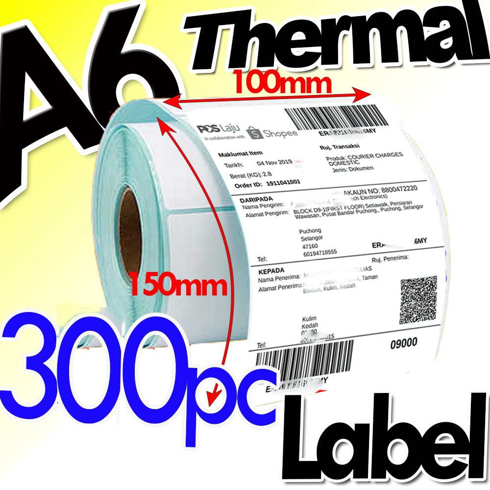 

Sy LABEL STICKER THERMAL BARCODE 100x150mm (10x15cm 300Pcs Core 1") MURAH A6, 4" x 6