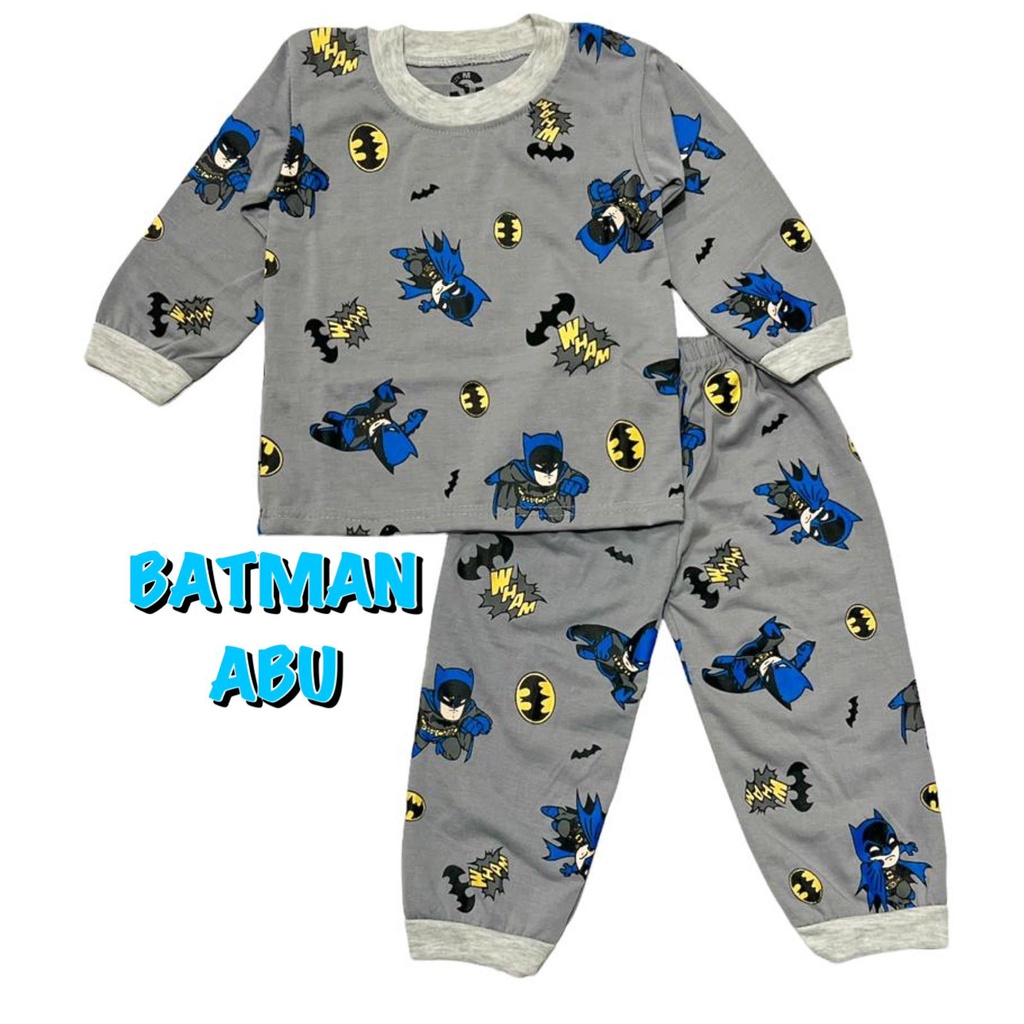 (1 KG MUAT 7 STEL) BAJU TIDUR ANAK KIDS LAKI-LAKI/COWOK SETELAN/STELAN BAHAN KAOS KATUN PP WARNA BATMAN/HERO ABU