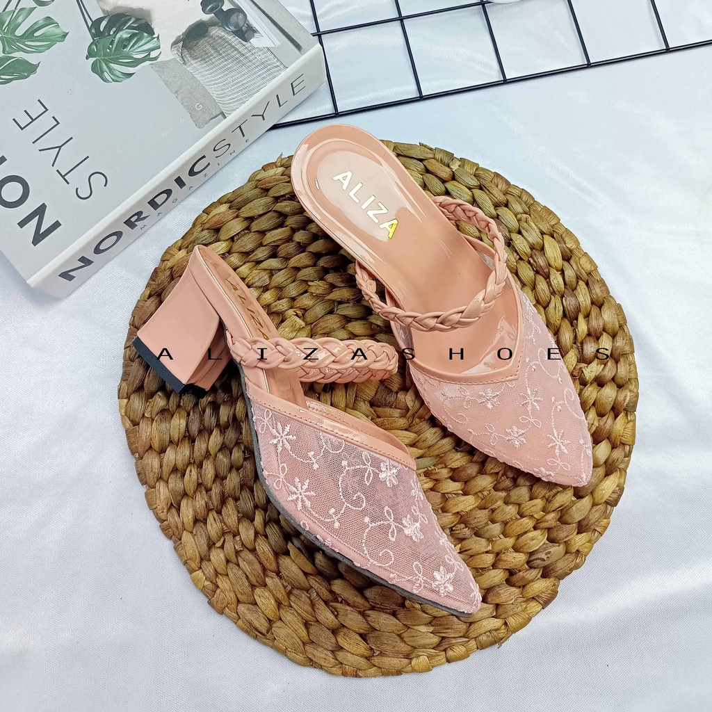 ALIZA SANDAL HEELS WANITA CHUNKY 5 CM JALA RAJUT TERBARU-SALEM