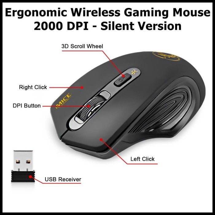 iMice Ergonomic Wireless Gaming Mouse 2000 DPI Silent Version Black